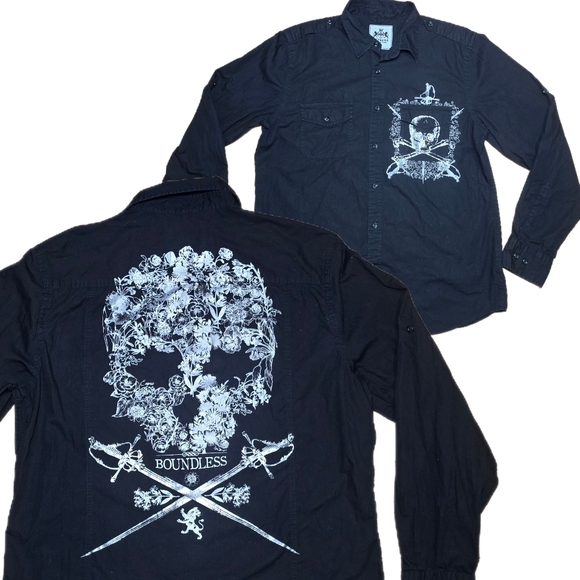 Vtg Y2K Express Button Up Black Shirt Floral Skull Affliction Style Men's Sz L - Picture 1 of 12